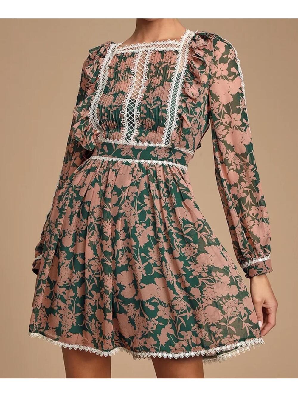 Jovonna London Tatlana floral long-sleeve Skater Dress w/ Sheer Chiffon & lace S